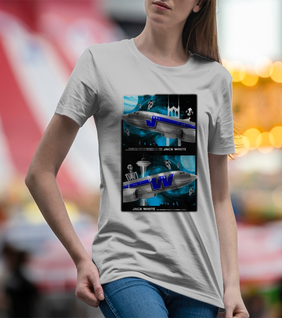 Jack White Portland September 29-30 Seattle October 1 2024 Tour Poster Skeletons Airplane Seattle Space Needle T-Shirt