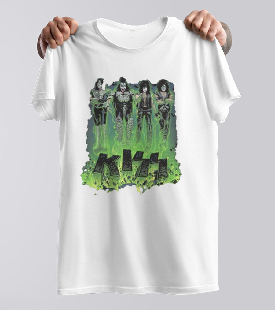 KISS Band Members In Green Glow With Conjuring Bats T-Shirt