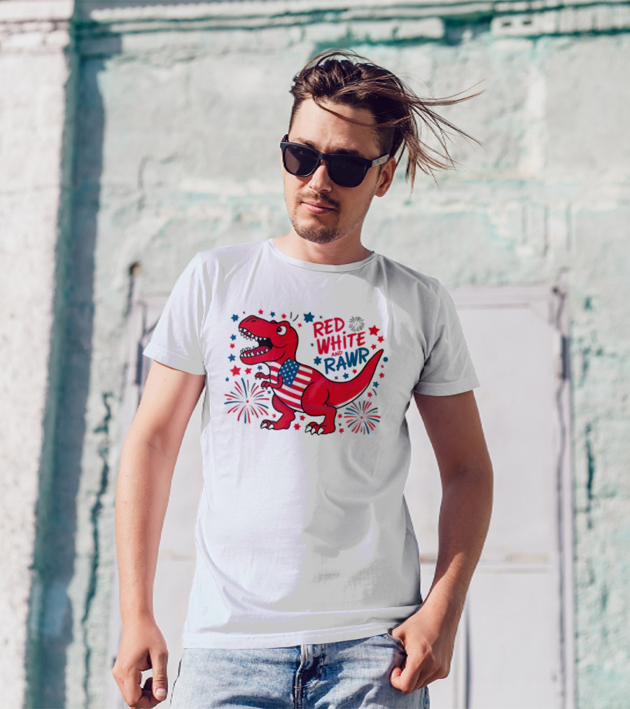 Red White And Rawr Funny American Flag Dinosaur 4th Of July Patriotic T-Shirt