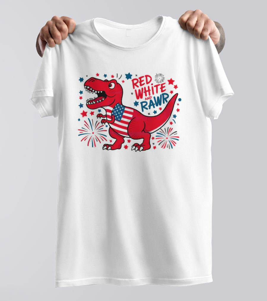 Red White And Rawr Funny American Flag Dinosaur 4th Of July Patriotic T-Shirt