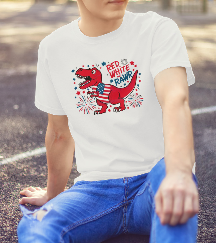 Red White And Rawr Funny American Flag Dinosaur 4th Of July Patriotic T-Shirt
