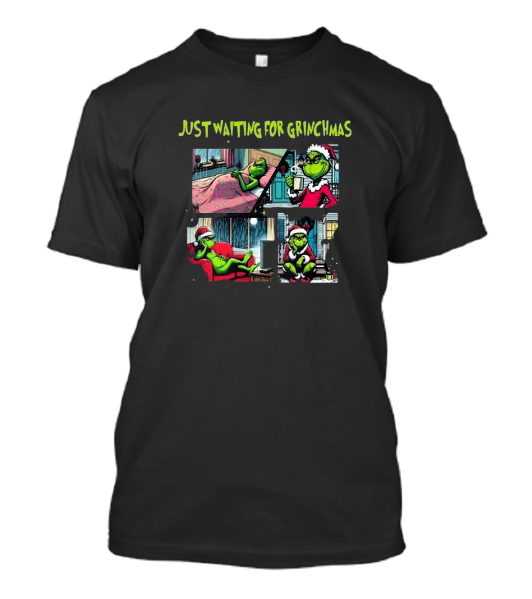 Just Waiting For Grinchmas Santa Grinch Cartoon Panels T-Shirt
