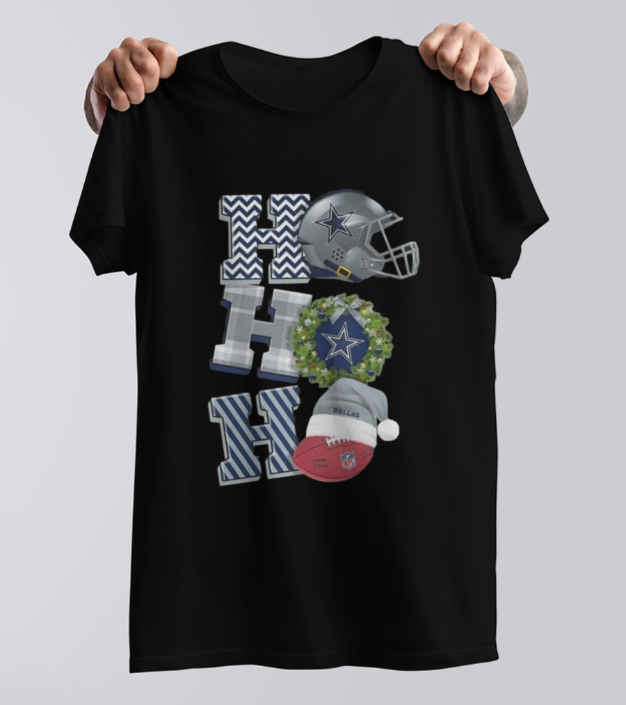 Ho Ho Ho Dallas Cowboys Christmas 2024 NFL Helmet Wreath Football Santa Hat T-Shirt