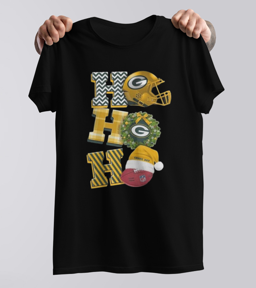 Green Bay Packers Christmas 2024 Ho Ho Ho Football Helmet And Wreath T-Shirt