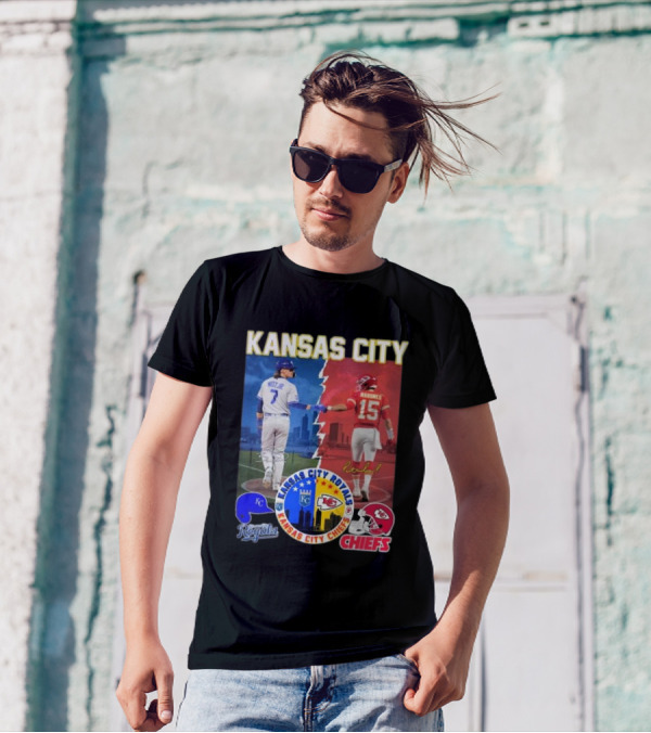 Kansas City Royals Bobby Witt Jr And Chiefs Patrick Mahomes Skyline Logos And Signatures T-Shirt