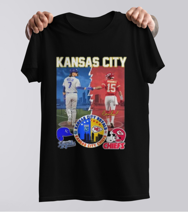 Kansas City Royals Bobby Witt Jr And Chiefs Patrick Mahomes Skyline Logos And Signatures T-Shirt
