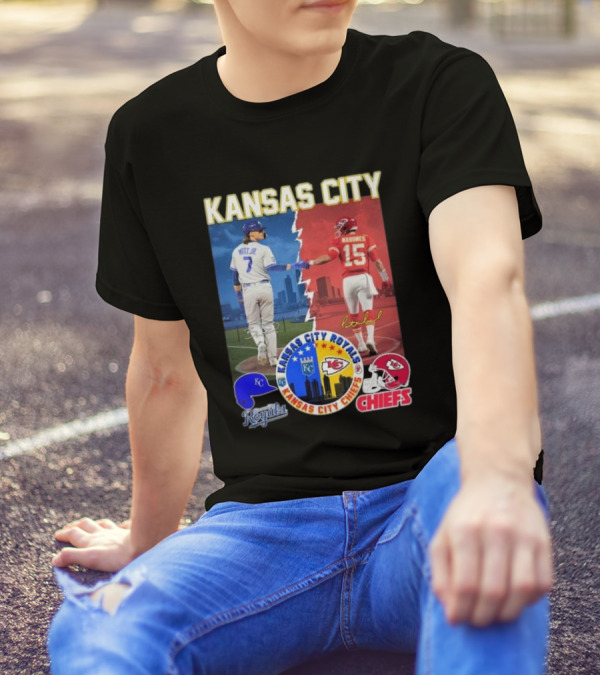 Kansas City Royals Bobby Witt Jr And Chiefs Patrick Mahomes Skyline Logos And Signatures T-Shirt