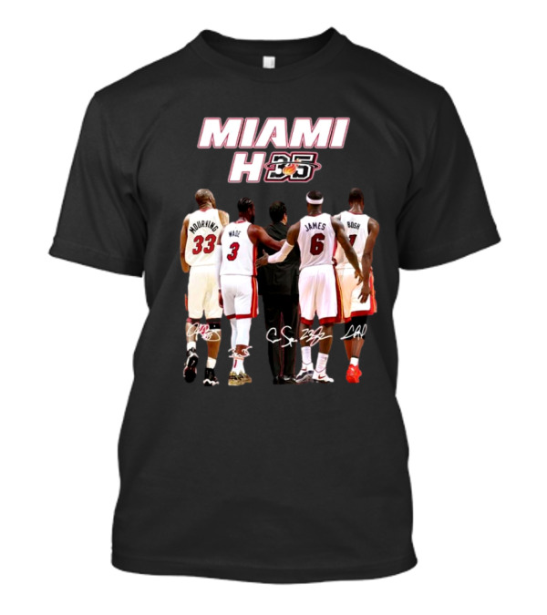 Miami Heat 35th Anniversary Mourning Wade James Bosh Signatures T-Shirt