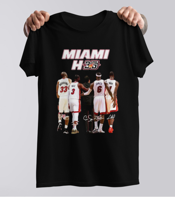 Miami Heat 35th Anniversary Mourning Wade James Bosh Signatures T-Shirt