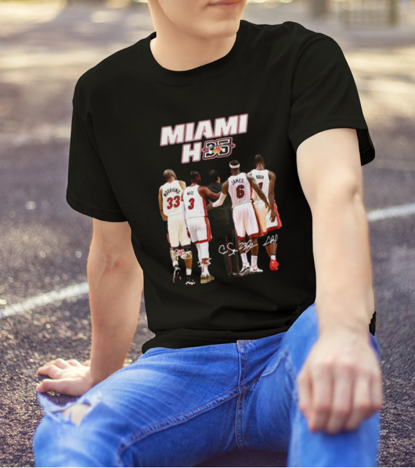 Miami Heat 35th Anniversary Mourning Wade James Bosh Signatures T-Shirt