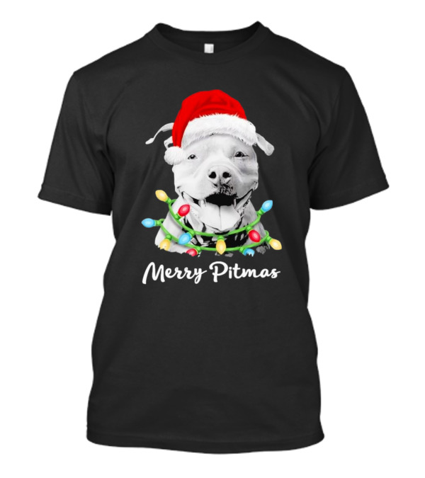 Merry Pitmas Santa Hat Pit Bull Christmas Lights T-Shirt