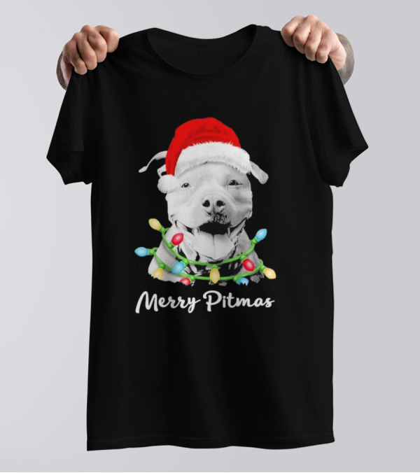 Merry Pitmas Santa Hat Pit Bull Christmas Lights T-Shirt