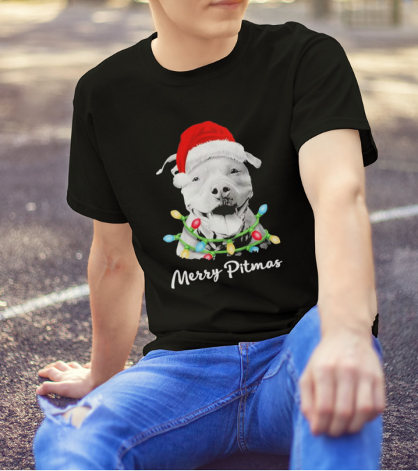 Merry Pitmas Santa Hat Pit Bull Christmas Lights T-Shirt