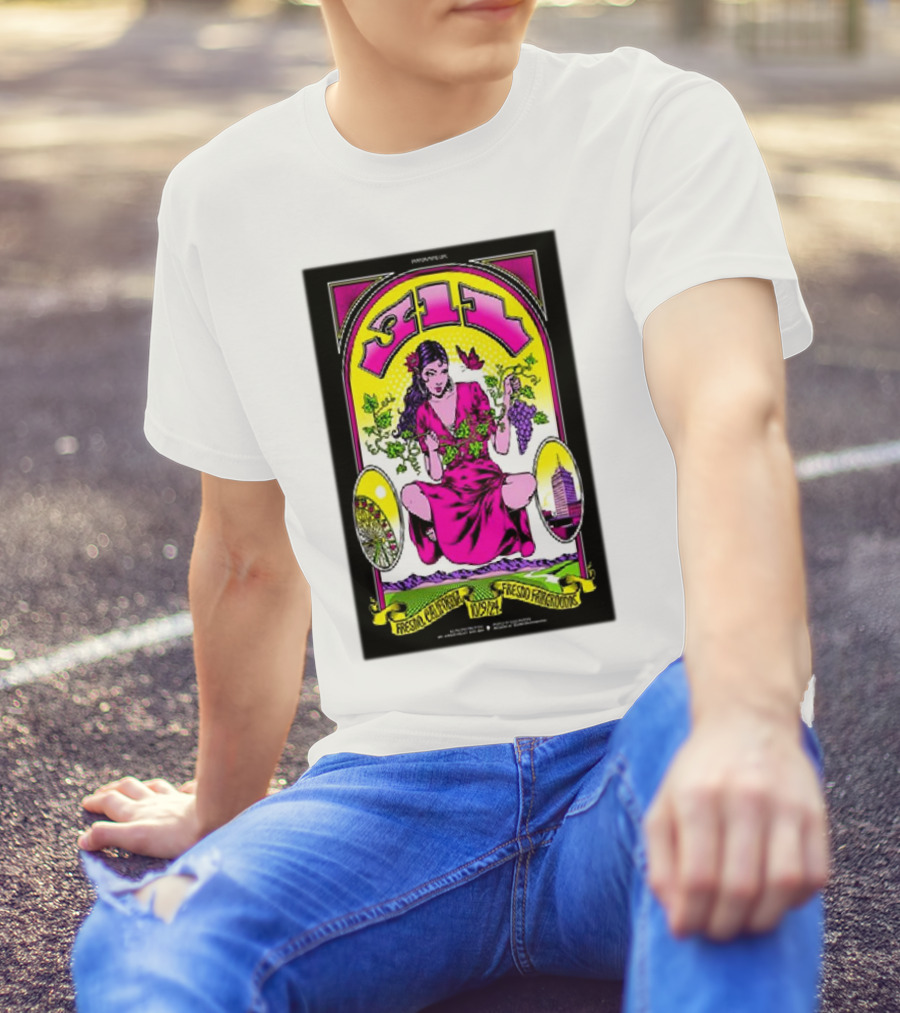 311 Fresno Fairgrounds October 9 2024 Poster With Woman Holding Grapes And California Icons T-Shirt