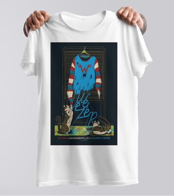 Weezer October 8 2024 Golden 1 Center Sacramento CA Striped Sweater Cats Map T-Shirt