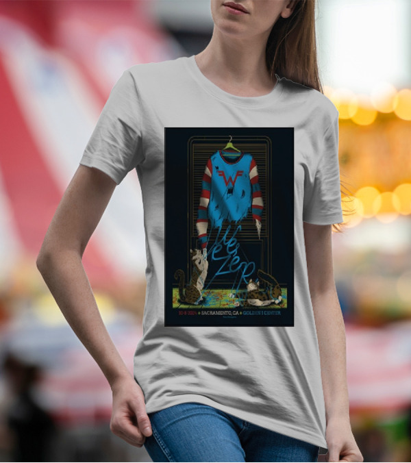 Weezer October 8 2024 Golden 1 Center Sacramento CA Striped Sweater Cats Map T-Shirt