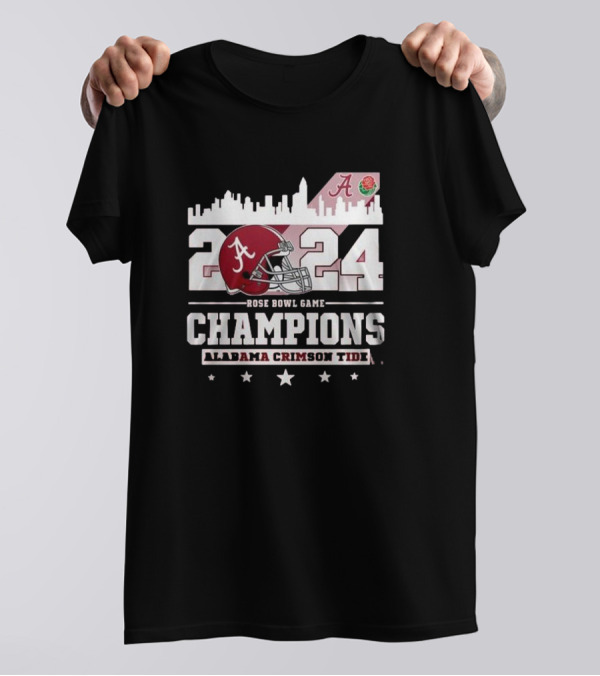 Alabama Crimson Tide 2024 Rose Bowl Game Champions Football Helmet City Skyline T-Shirt