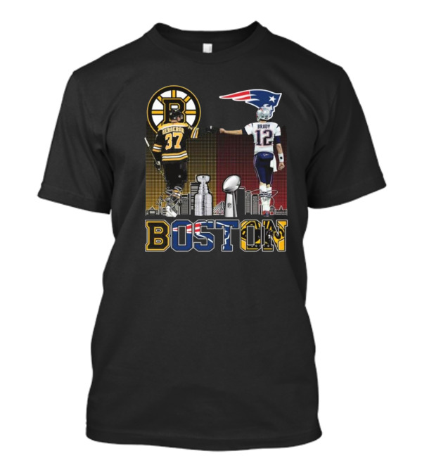 Boston Bruins Bergeron New England Patriots Tom Brady Champions Signatures 2024 Stanley Cup Super Bowl T-Shirt