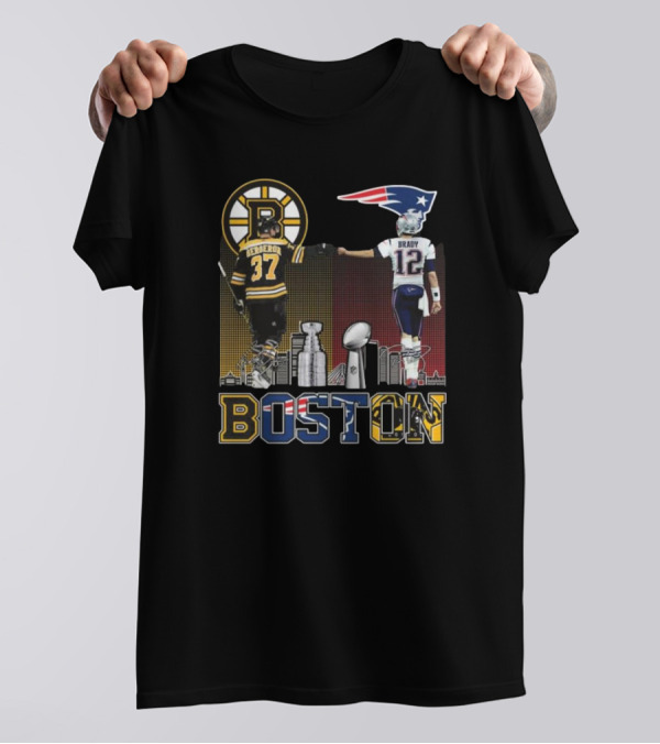 Boston Bruins Bergeron New England Patriots Tom Brady Champions Signatures 2024 Stanley Cup Super Bowl T-Shirt