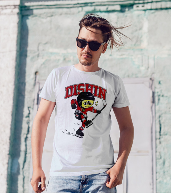 Chicago Blackhawks Just Dishin Hockey Player Cartoon Character Skating T-Shirt