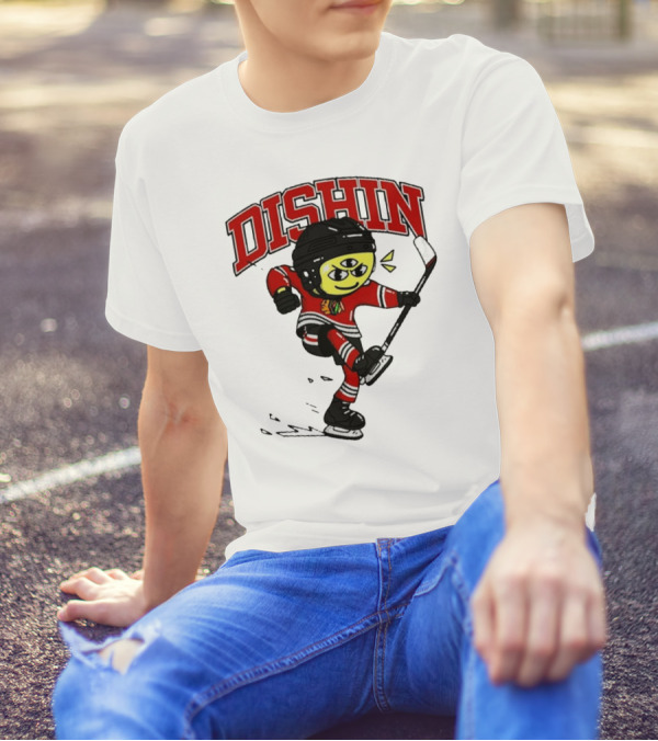 Chicago Blackhawks Just Dishin Hockey Player Cartoon Character Skating T-Shirt