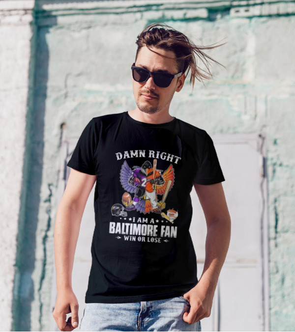 Damn Right I Am A Baltimore Fan Win Or Lose 2024 Mascot Half Ravens Half Orioles T-Shirt