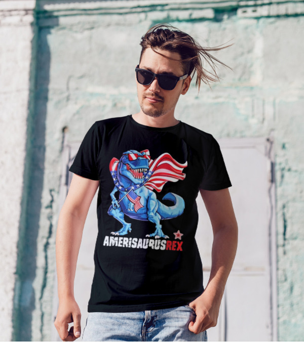 Amerisaurus Rex 4th Of July Dinosaur With Flag And Sunglasses T-Shirt