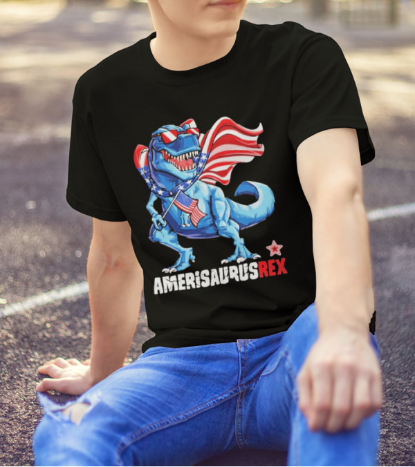 Amerisaurus Rex 4th Of July Dinosaur With Flag And Sunglasses T-Shirt