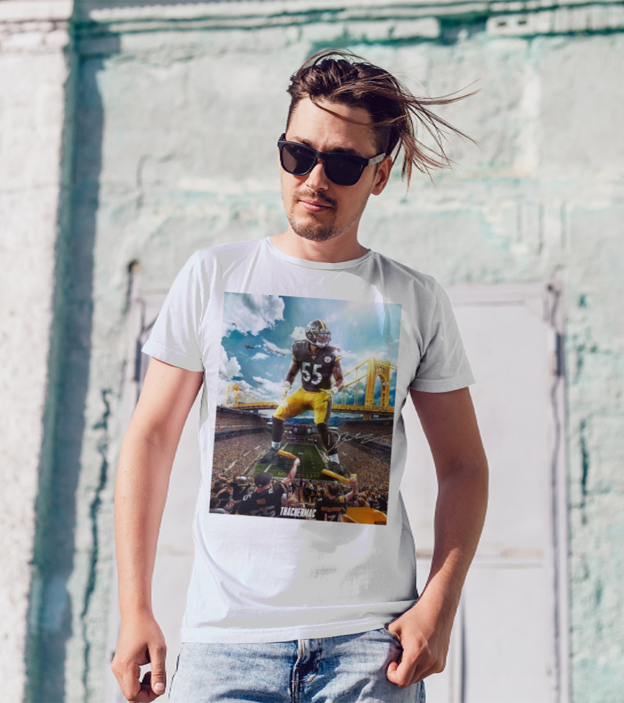 Thachermac Pittsburgh Steelers 55 Player In Stadium With Signature And Bridge Background T-Shirt