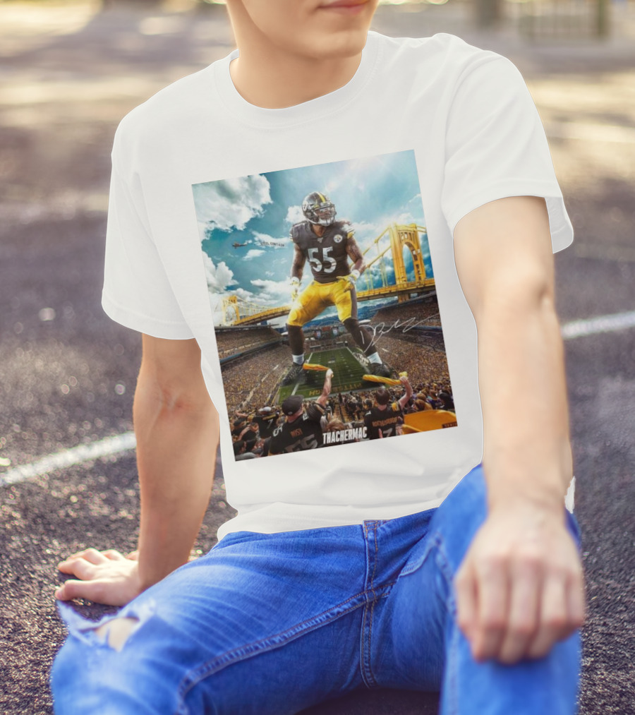 Thachermac Pittsburgh Steelers 55 Player In Stadium With Signature And Bridge Background T-Shirt