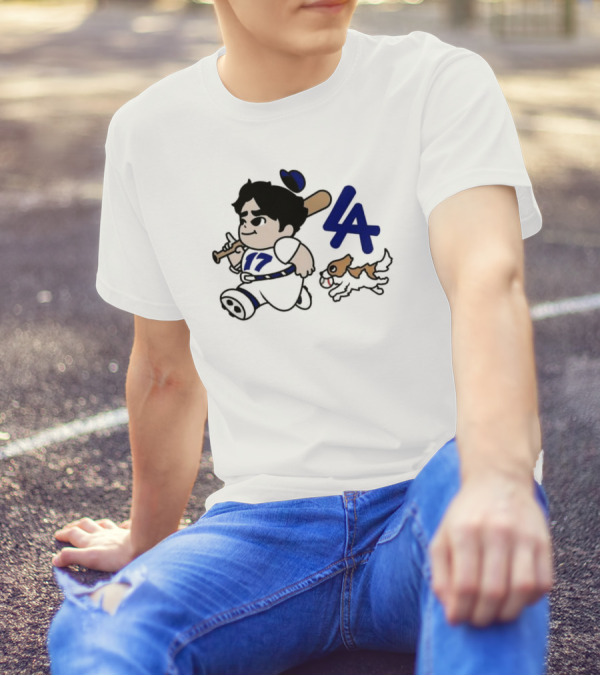 Chunkytani 10oz Fleece LA Baseball Player With Bat And Dog T-Shirt