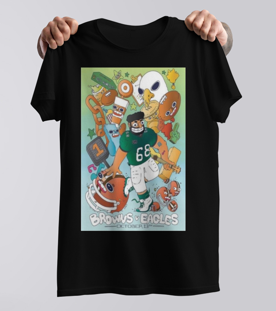 Browns Vs Eagles October 13th Cartoon Illustration Featuring Mascots And Helmet With Number 68 T-Shirt