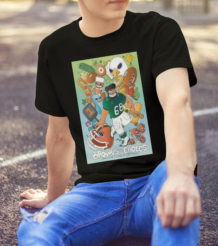 Browns Vs Eagles October 13th Cartoon Illustration Featuring Mascots And Helmet With Number 68 T-Shirt