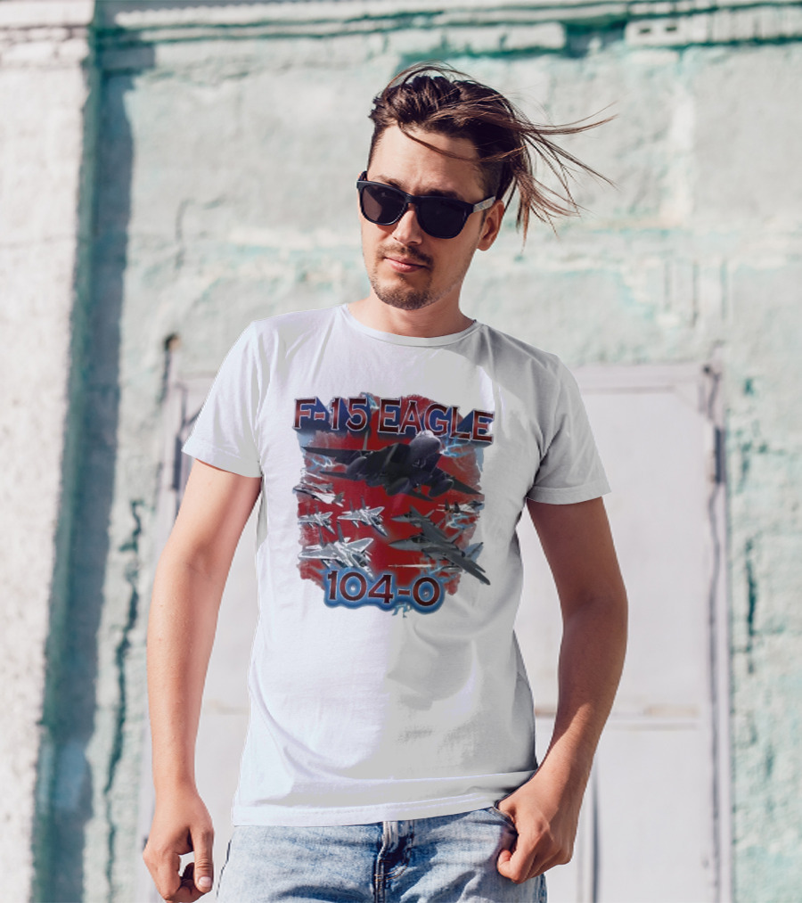 F-15 Eagle 104-0 Jet Aircraft Formation With Lightning And Red Backdrop T-Shirt