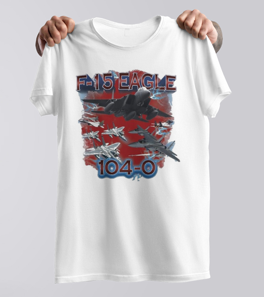 F-15 Eagle 104-0 Jet Aircraft Formation With Lightning And Red Backdrop T-Shirt
