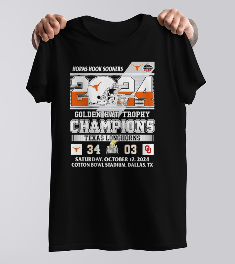 Horns Hook Sooners Texas Longhorns 2024 Golden Hat Trophy Champions 34-03 Cotton Bowl Stadium Dallas TX T-Shirt