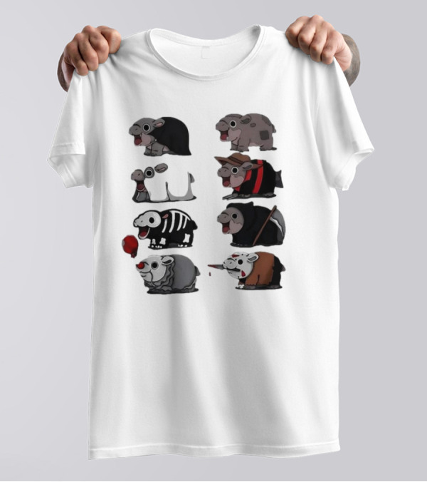 Scary Hippo Moo Deng Parody Characters In Horror Costumes T-Shirt