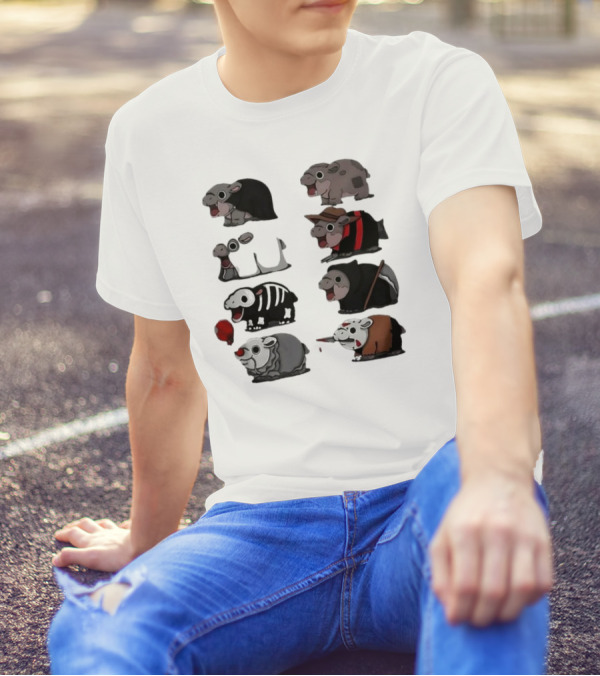 Scary Hippo Moo Deng Parody Characters In Horror Costumes T-Shirt