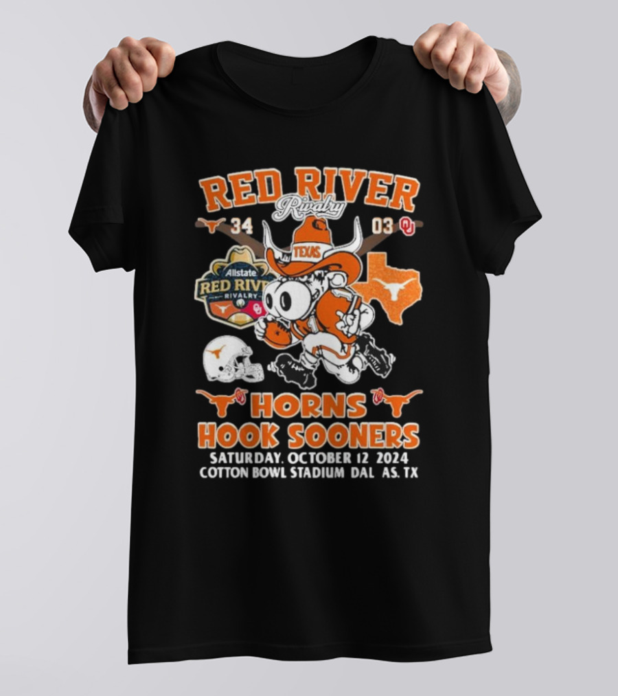 Red River Rivalry Texas Longhorns Horns Hook Sooners October 12 2024 Cotton Bowl Stadium T-Shirt