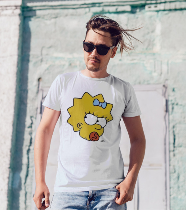 Simpsons Maggie Angry Big Face Black Sunglasses Blue Bow T-Shirt
