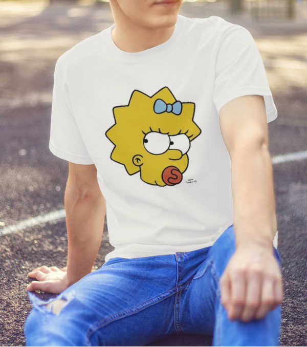 Simpsons Maggie Angry Big Face Black Sunglasses Blue Bow T-Shirt