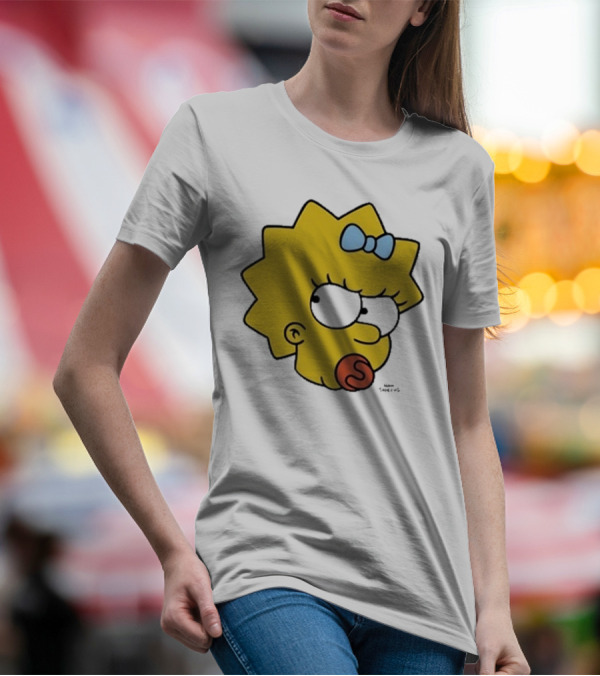 Simpsons Maggie Angry Big Face Black Sunglasses Blue Bow T-Shirt