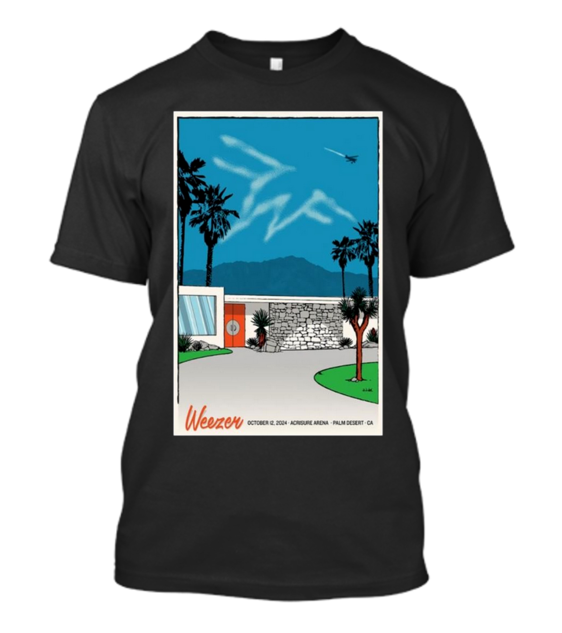 Weezer October 12 2024 Acrisure Arena Palm Desert CA Scenic Illustration With Palm Trees And Airplane In Blue Sky T-Shirt