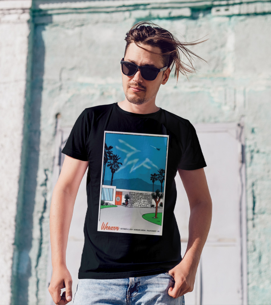 Weezer October 12 2024 Acrisure Arena Palm Desert CA Scenic Illustration With Palm Trees And Airplane In Blue Sky T-Shirt