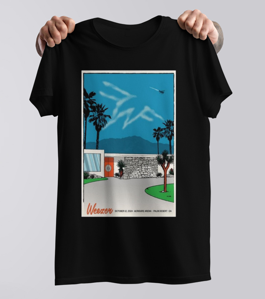 Weezer October 12 2024 Acrisure Arena Palm Desert CA Scenic Illustration With Palm Trees And Airplane In Blue Sky T-Shirt