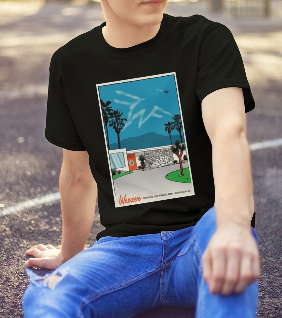 Weezer October 12 2024 Acrisure Arena Palm Desert CA Scenic Illustration With Palm Trees And Airplane In Blue Sky T-Shirt