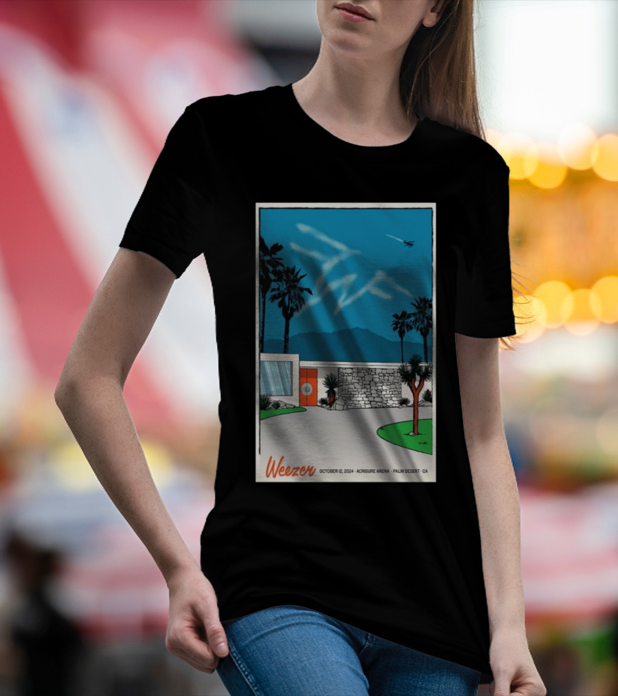 Weezer October 12 2024 Acrisure Arena Palm Desert CA Scenic Illustration With Palm Trees And Airplane In Blue Sky T-Shirt