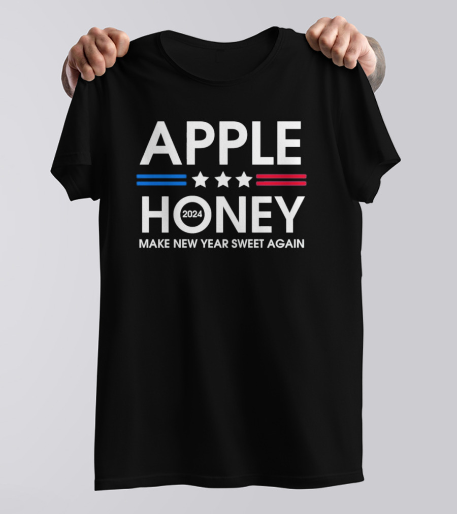 Apple Honey 2024 Make New Year Sweet Again Rosh Hashanah Stars Stripes T-Shirt