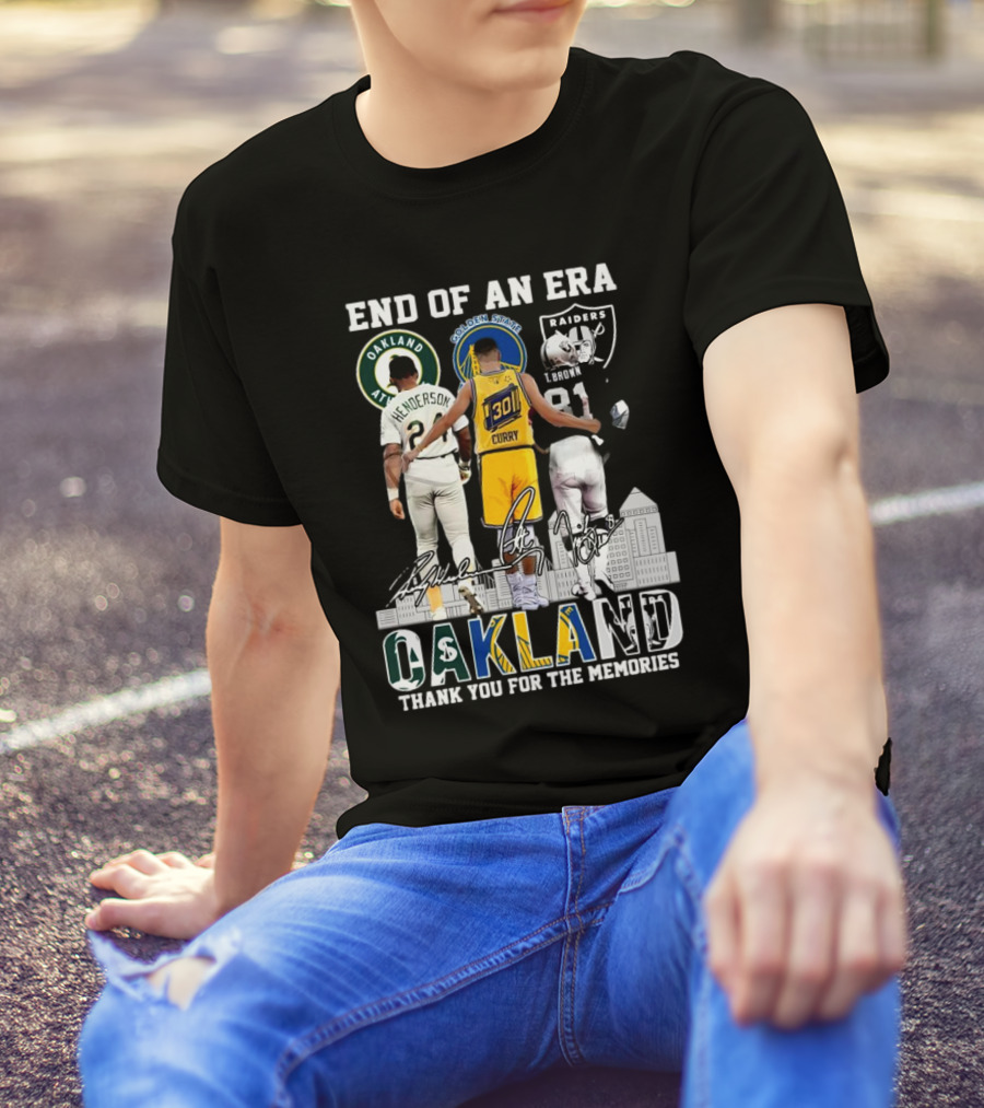 End Of An Era Oakland Henderson Curry Brown Thank You For The Memories Signatures T-Shirt