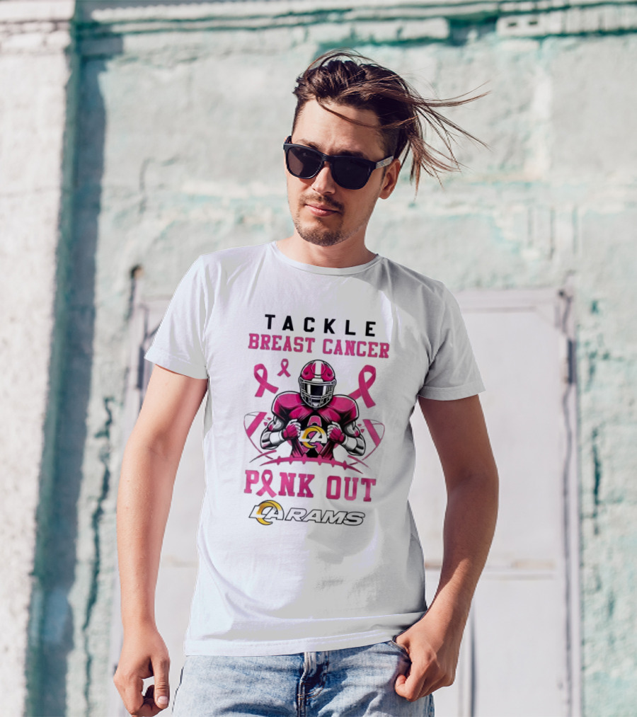 Los Angeles Rams Tackle Breast Cancer Pink Out 2024 Pink Ribbon Football Player T-Shirt